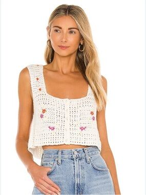Free People Wildflowers Cream Crochet Embroidered Tank Size Small
